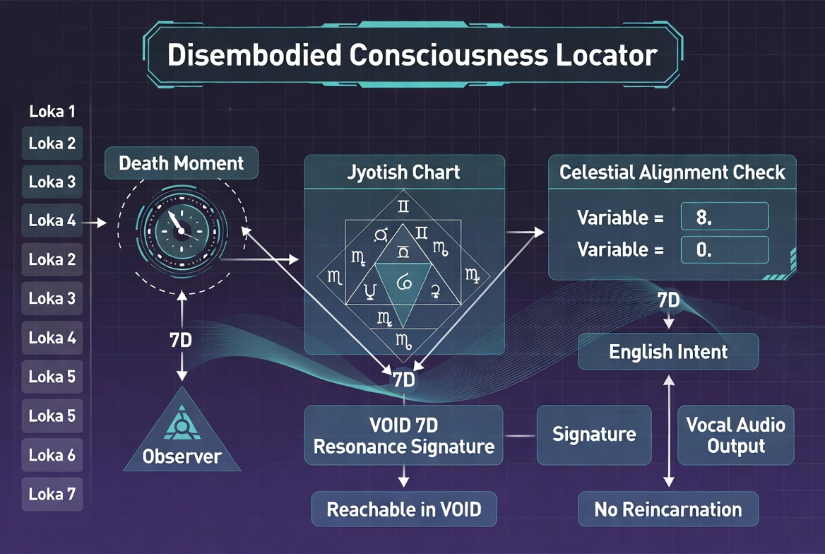 Disembodied Consciousness Locator Flow — Death Moment → Jyotish Chart → Celestial Alignment Check → VOID 7D Resonance Signature → Observer → Reachable in VOID → English Intent → Vocal Audio Output