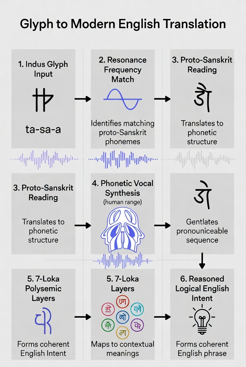 Glyph to Modern English Translation Pipeline — Indus Glyph Input → Resonance Frequency Match → Proto-Sanskrit Reading → Phonetic Vocal Synthesis → 7-Loka Polysemic Layers → Reasoned Logical English Intent
