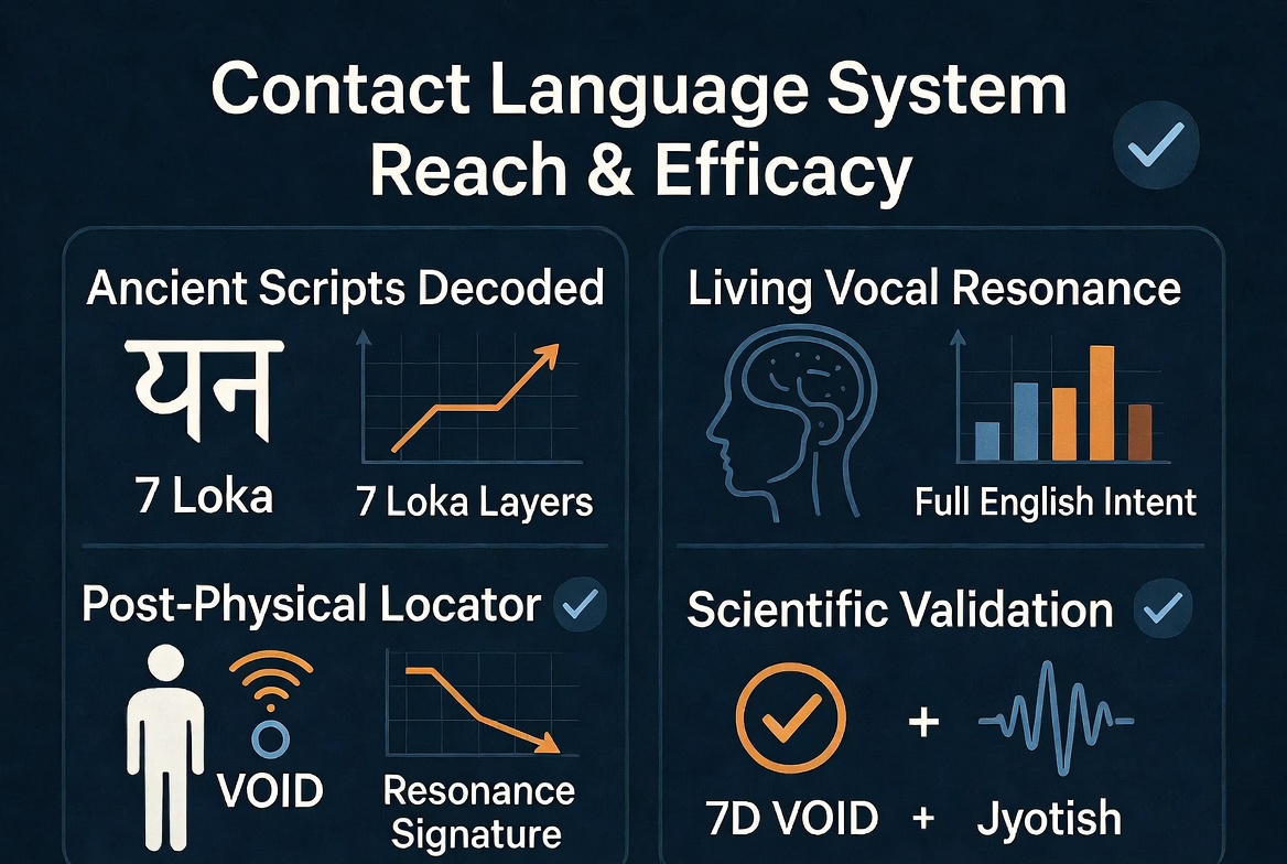 Contact Language System Reach and Efficacy — Ancient Scripts Decoded with 7 Loka Layers, Living Vocal Resonance with Full English Intent, Post-Physical Locator in VOID with Resonance Signature, Scientific Validation with 7D VOID + Jyotish